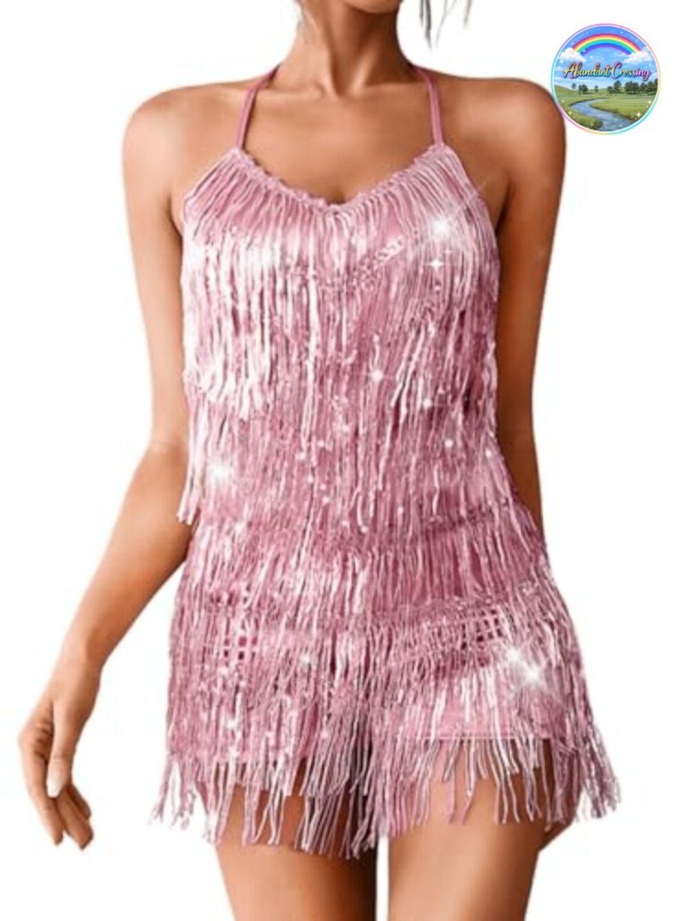 Sequin Fringe Romper, Sparkly Glitter Metallic Jumpsuits for Women, Backless